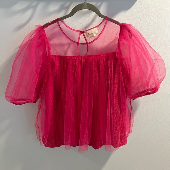Anthropologie Tops - Anthropologie Pink Sheer Puff-Sleeve Top Size L